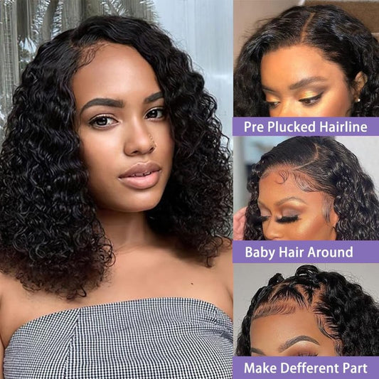 Sungirl Bob Wig Human Hair 13x4 Deep Wave Curly Lace Front Wigs Human Hair For Women Short Bob Wig Pre Plucked with Baby Hair Glueless Hair Curly Wigs Nature Hairline 180% Density 8 Inch