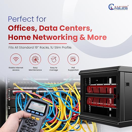NewYork Cables 24 Port Cat6 Patch Panel, 10Gb Ethernet, 1U 19-Inch Rack or Wall Mount, UTP Network Patch Panel, Heavy-Duty Steel, Color-Coded T568A/B, 110/Krone Compatible, Black