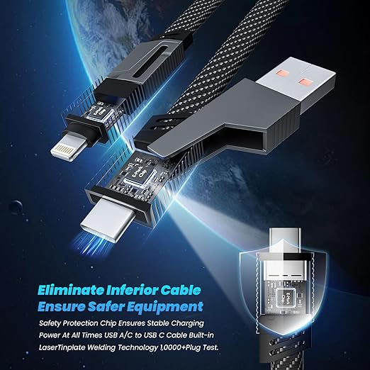 Travel Essentials,Dual Type-C 4 in 1 Multi Charging Cable, 5 FT Universal Charging Cables for All Devices, 2 USB-C/IP/Micro USB Port, Compatible with iPhone 17 16/15 Series/Phone/Tablet,240W
