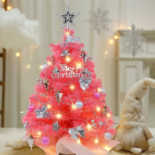 Juegoal 24-Inch Pink Mini Christmas Tree - Lighted Tabletop Artificial Pine with 50 LED Lights | Battery Operated & Timer for Holiday Decor