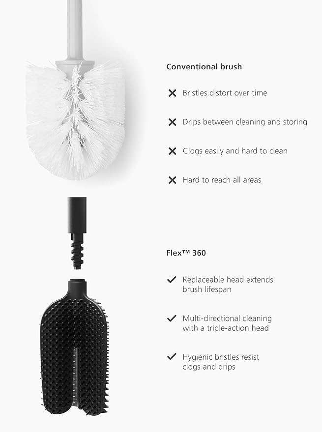 Joseph Joseph Flex 360 Lite Silicone Toilet Brush & Holder, 360 Clean, Anti-Drip, Replaceable Head, Black