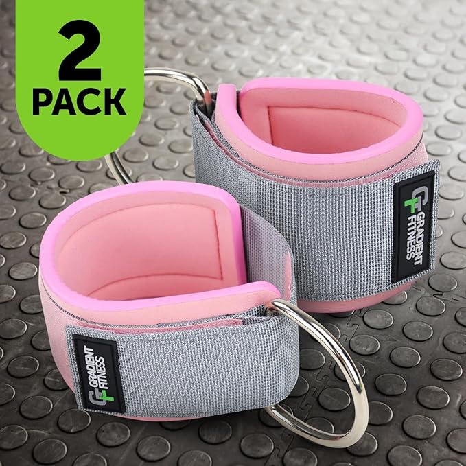Gradient Fitness Ankle Straps (2 Pack) - Ankle Bands for Workouts, Cable Machine Attachments (Pink|Grey)