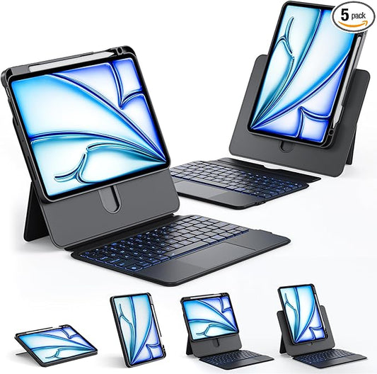 Tiaota for iPad Pro 11-inch (M4, 2024) Keyboard Case with Multi-Touch Trackpad, 360° Rotating Magnetic Stand, Detachable Protective Cover, Portrait & Raised Modes, 7-Color Backlight – Black