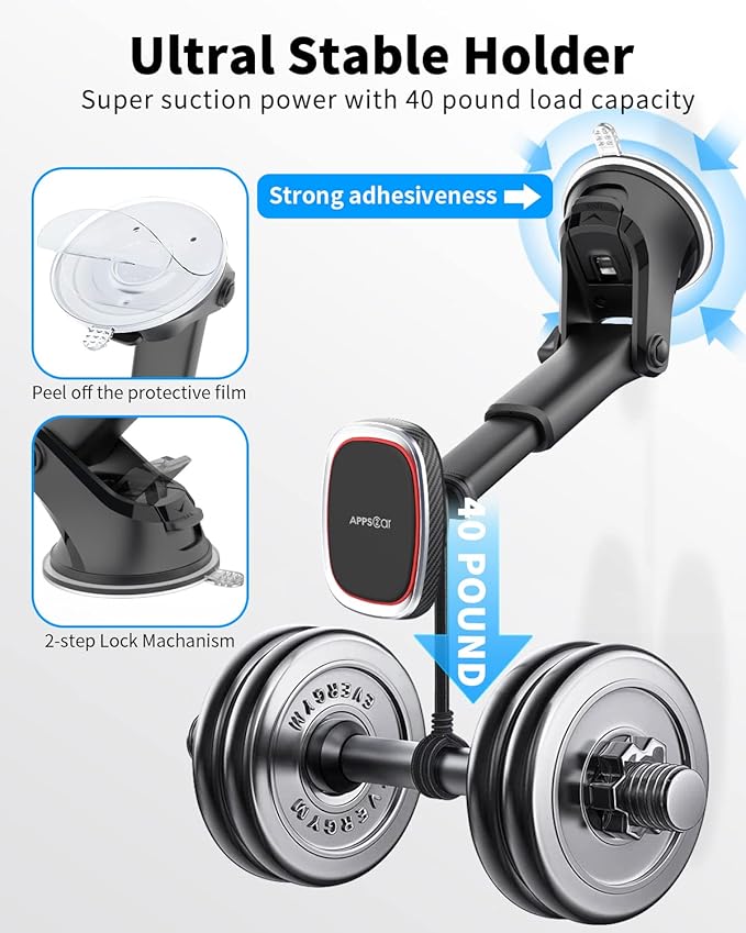 APPS2Car Magnetic Phone Mount, Dashboard Windshield Suction Cup Car Phone Holder Phone Mount with 6 Strong Magnets, Adjustable Telescopic Arm, Compatible with iPhone/Air/Pro/Max/All Smart Phones