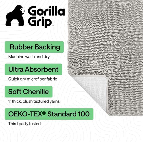 GORILLA GRIP Bath Rug Mat - Soft Absorbent Chenille | Quick Dry Microfiber, 42x24, Light Gray