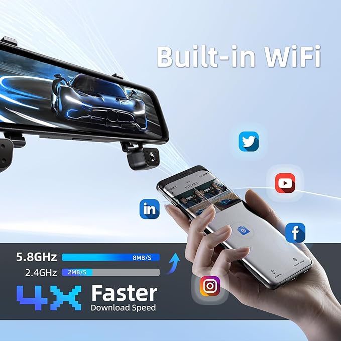 2026 Rearview Mirror Camera,4 Channel Mirror Dash Cam Front and Rear,Rear View Mirror Backup Camera for Cars & Trucks,12" Touch Screen,Built-in 5.8GHz WiFi,GPS,IR Night Vision,Free 64GB SD Card