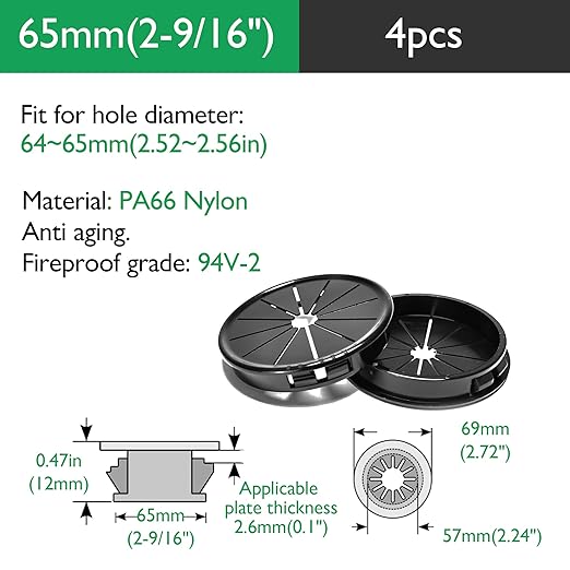 EASYEAH 4PCS Cable Grommets, 2-9/16"(65mm) Desk Hole Cover Petal Shaped Buckle Type Nylon Snap Bushing Grommet, Wire Hole Cover Insert for Cables and Cords Management and Protection of Cabinet, Black