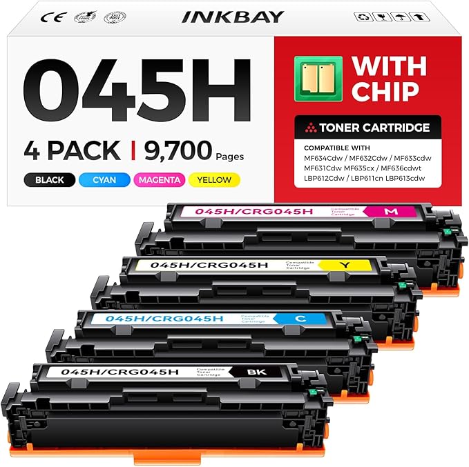 045H 045 Toner Cartridge Set 4-Pack High Yield Replacement for Canon 045 045H Toner Compatible for Color imageCLASS MF634Cdw MF632Cdw LBP612Cdw Printer Ink MF634 MF632 LBP612 Black Cyan Yellow Magenta