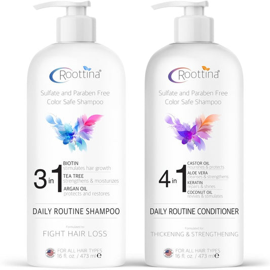 Fights Hair Loss – Roottina Daily Routine Shampoo and Conditioner for Women Hair Loss with DHT Blocker, Formulated for Thinning Hair & Hair Growth Support, Infused with Natural Oils (16 fl oz x 2)