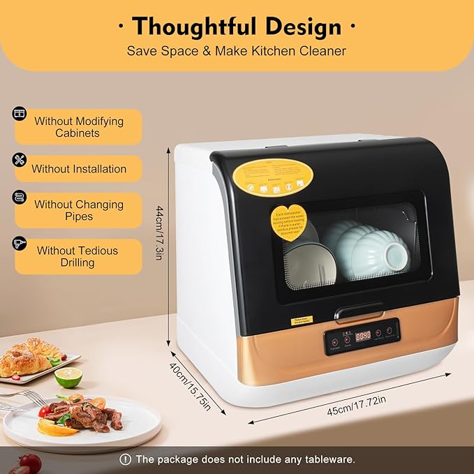 3-in-1 Countertop Dishwasher, 800W 12-20 Pieces Mini Dishwasher with 360° Rotating Spray, Portable Non Installation Dish Washer, 2 Gal Compact Dishwasher for Home, Apartments, RVs（Gold)