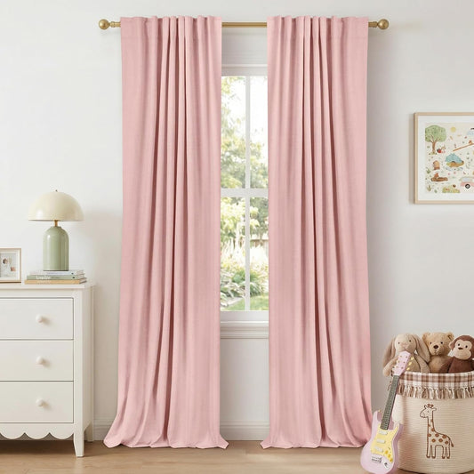 Skiennix 100% Blackout Linen Curtains - Thermal Insulated Drapes for Bedroom | 50" W x 102" L, Baby Pink, 2 Panels Set