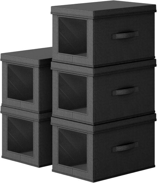 Homsorout Collapsible Storage Bins - Foldable 15-Inch Decorative Boxes with Lids & Side Window | 5-Pack, Black