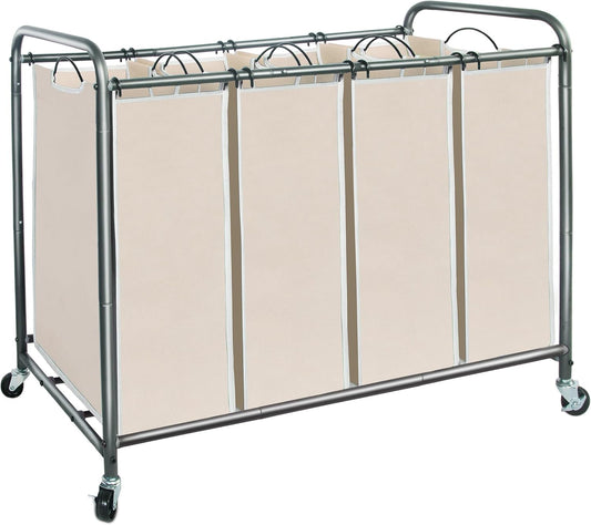 Storage Maniac Laundry Sorter - 4-Section 47.8 Gal Hamper Cart with Wheels & Removable Bags | Beige