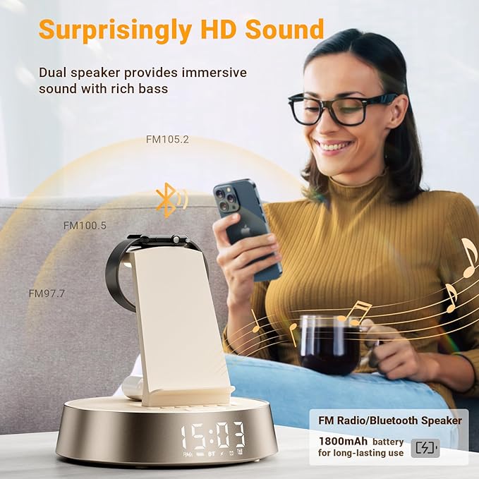 Alarm Clock with Wireless Charging Station, Clock for Bedroom with Dimmable Night Light Bluetooth Speaker, Wireless Charger Dock Station for iPhone 16 15 14 13 12 11 Pro Max, Apple Watch