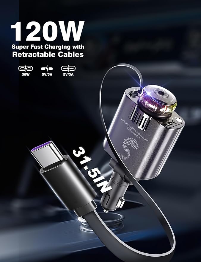 Retractable Car Charger USB C Fast Charging 120W, Car Accessories Cigarette Lighter Adapter with Aromatherapy Starlight, Car Charger iPhone16 15 14 13 12 11 Essentials Gifts for Traveler, Men, Women