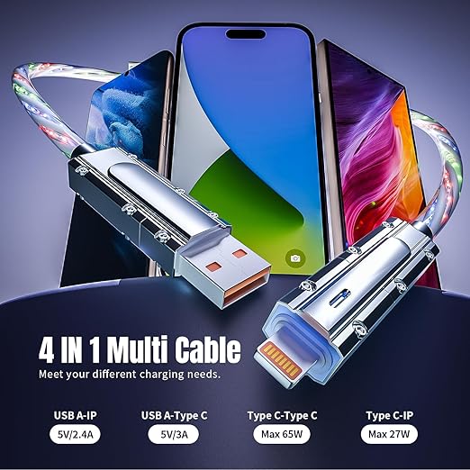 Jogrytece Travel Essentials,Dual Type-C 4 in 1 Multi Charging Cable,Universal Charging Cables for All Devices, Adapter with iPhone 17 16/15 Series/Phone/Tablet, (Multicolored,USBA+C to Type C+IP-66W)
