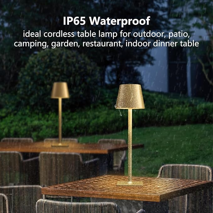 Fizrice Cordless Table Lamp, 6000mAh Battery Operated, 250LM Adjustable Brightness IP65 Height Adjustable - Set of 2 Gold Wireless Lamps for Restaurant Patio Bedside Outdoor Cafe & Home Decor