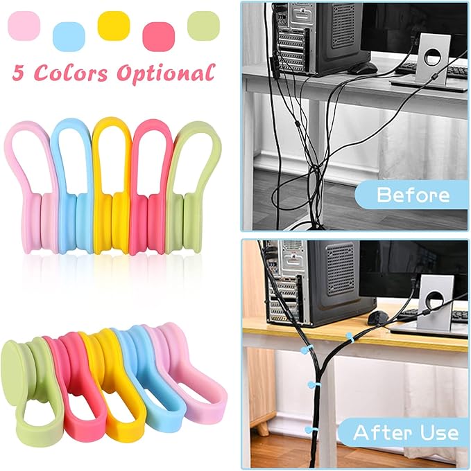 Viaky Magnetic Cable Ties [6-Pack], Reusable Silicone Cord Organizers & Cable Management, Heavy Duty Magnet Twist Wrap Straps for USB, Earphones, Appliance Cords - Macaron Multicolor