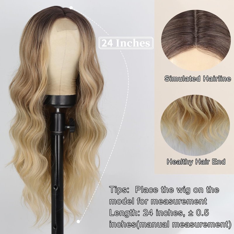 AISI QUEENS Long Blonde Wigs for Women, Ombre Blonde Wavy Synthetic Curly Hair Wigs Natural Looking Middle Part Heat Resistant Fibre for Daily Party Use 24 Inch