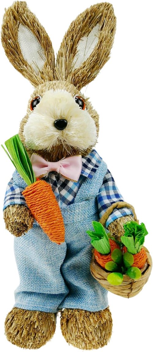 DearSun 14" Easter Straw Bunny Figurine - Blue Sisal Rabbit Holding Carrots | Spring Table Decor for Home & Garden