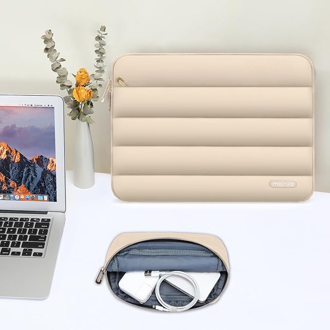MOSISO Laptop Case 13.3 inch,13-13.3 inch Puffy Laptop Sleeve Compatible with MacBook Neo/Air 13.6 M5 M4 M3 M2 M1/Pro 13/14,HP Dell ASUS Lenovo,Polyester Horizontal Bag with Small Case, Apricot