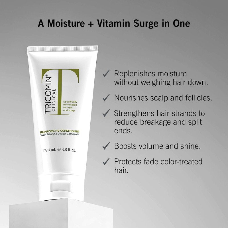 NEOVA Tricomin Reinforcing Conditioner- moisture-rich formula. Reinforce and strengthen hair to minimize strand breakage and split ends