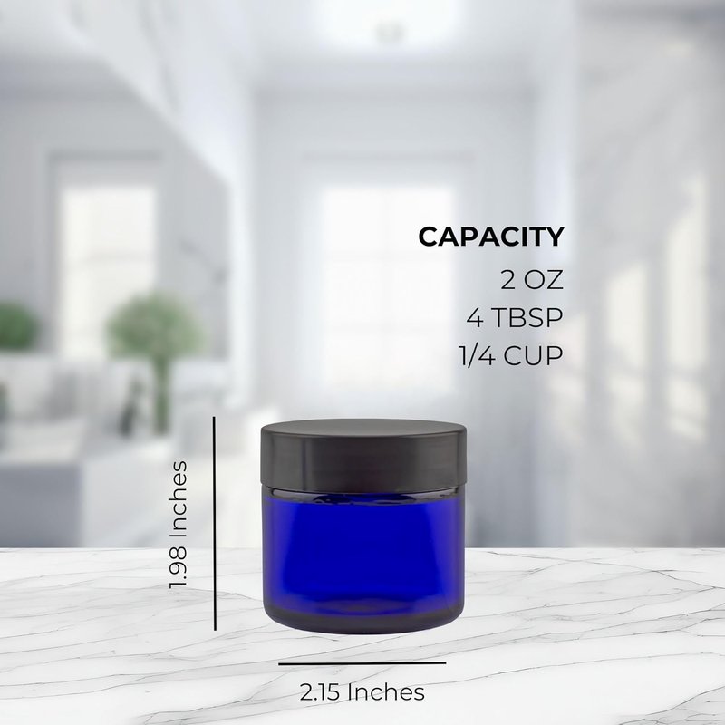 Cobalt Blue Glass Cosmetic Jars - 2oz Straight Sided Jars with Black Lined Lids | Pack of 12 for Balms & Creams