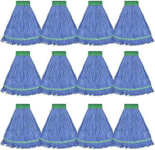 Onesimus 18 oz Heavy Duty Mop Head Replacement, 5 Inch Headband for Quick Change Handle, Blue Loop-End Cotton Blend String Wet Dry Floor Mop Refill, Medium Size, Case Pack of 12 Pcs