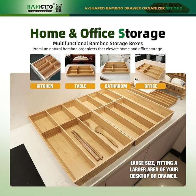 13 Slot V-Shaped Bamboo Drawer Organizer Set of 2, Extra Large Cutlery Tray - Easy Reach Flatware Silverware Utensil Storage for Kitchen (19.6"x14.6" & 19.6"x12.4")