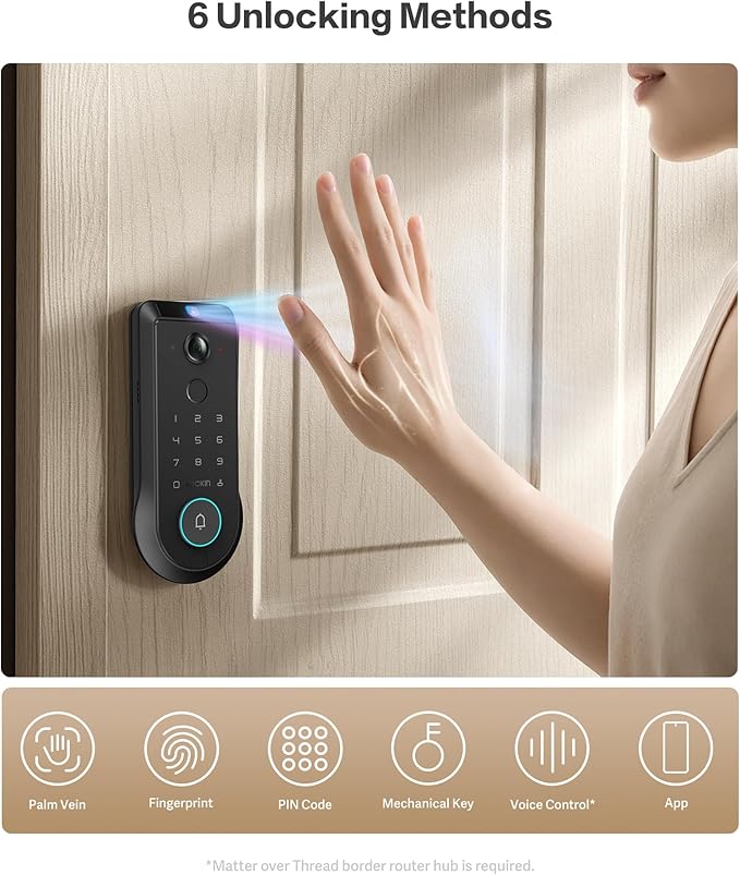 Lockin Venoris Pro - All-in-One Smart Lock for Front Door - Palm Vein & Fingerprint Keyless Entry - 2K 180° Video, WiFi, Motion Sensor, 32GB Storage - No Monthly Fee