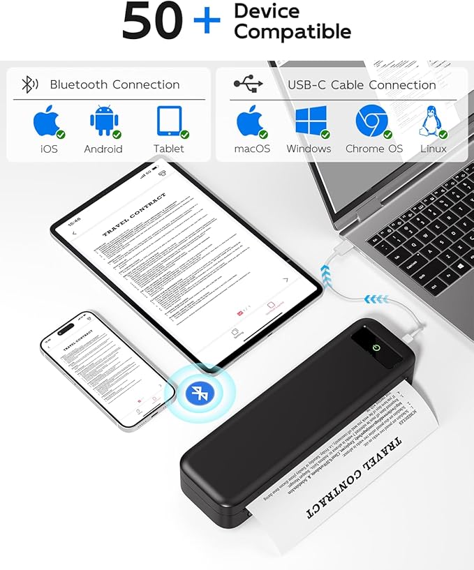 Portable Printers Wireless for Travel, A285M Bluetooth Inkless Thermal Printer Support 8.5" X 11" US Letter, Mobile Printer for Phone Laptop, with Case & 4 Rolls Thermal Paper, for Home Office Receipt