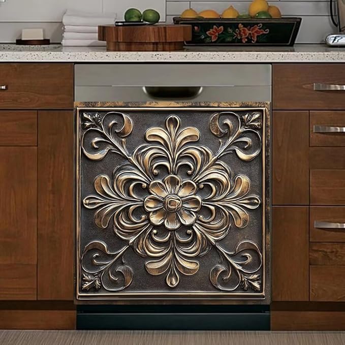 Kitchen Decor Dishwasher Magnet Cover Decal, Bronze and Gold Floral Medallion Magnetic Dish Washer Panel Door Vinyl Sticker, Refrigerator Magnets,Easy to Clean, 23 x 26 inch