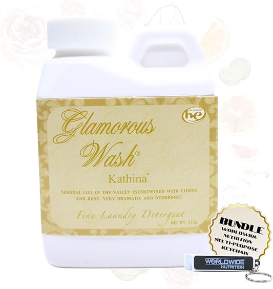 Worldwide Nutrition Bundle: Tyler Candle Company Glamorous Wash Kathina Scent Laundry Liquid Detergent - Hand and Machine Washable - 4 oz (112 grams) Container and Multi-Purpose Key Chain