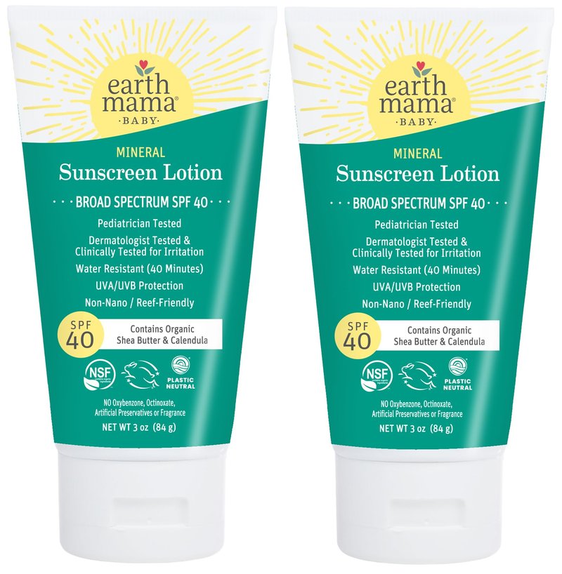 Earth Mama Baby Mineral Sunscreen Lotion SPF 40 - (2 Pack) 3 oz - Non-Nano Zinc - Broad Spectrum for Babies, Kids & Family - Water Resistant Sun Protection