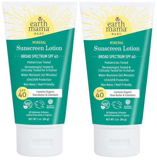 Earth Mama Baby Mineral Sunscreen Lotion SPF 40 - (2 Pack) 3 oz - Non-Nano Zinc - Broad Spectrum for Babies, Kids & Family - Water Resistant Sun Protection