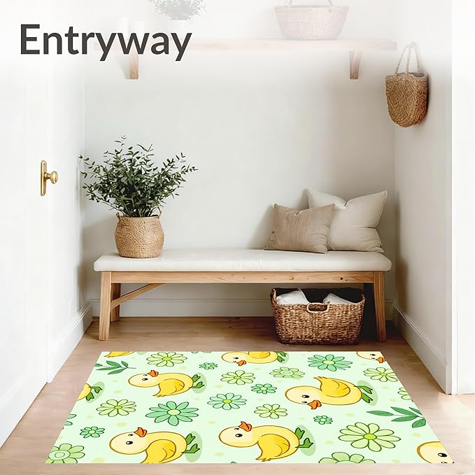 Flatwoven High Traffic Area Rug 4x6, Whimsical Duckling Parade Cartoon with Playful Watercolor Animals, Non Slip, Stain Resistant, Washable Area Rugs for Living Room, Bedroom (Yellow, 4x6)