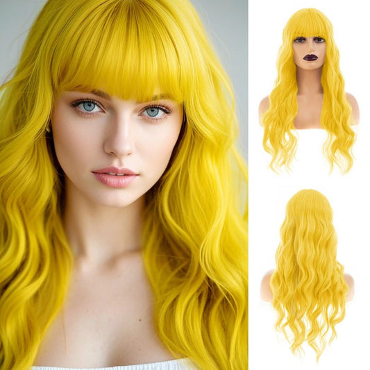 Sallcks Womens Long Curly Wavy Yellow Wigs With Bangs Cute Colorful Cosplay Custome Halloween Synthetic Wigs