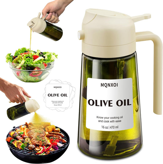 Skiennix 2-in-1 Glass Oil Sprayer & Dispenser - 16oz Olive Oil Bottle for Cooking & Air Fryer Accessories (White & Dark Green)