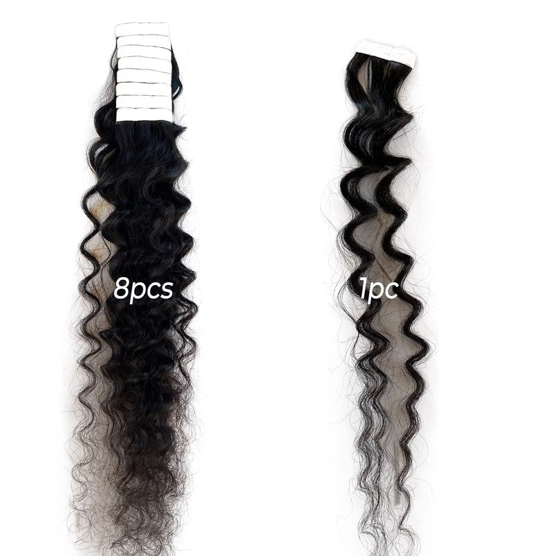 Deep Wave Tape in Hair Extensions Human Hair, Black Hair Extensions Real Remy Human Hair Curly Tape ins for Black Women, 50g/pack 20pcs Double Sided Invisible Tape Hair Extension 14 Inch