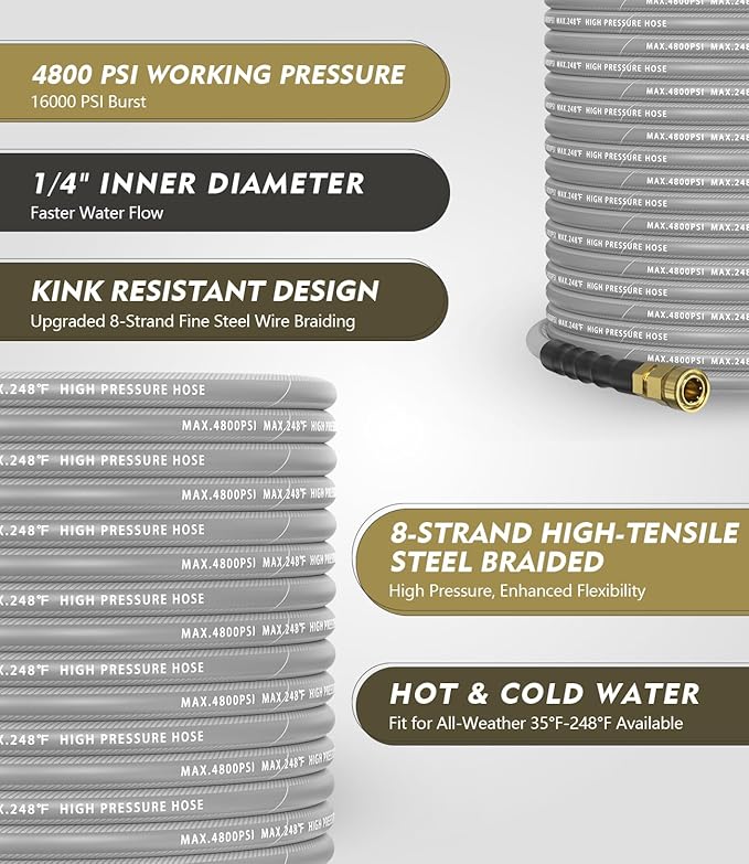 Pressure Washer Gun and Hose Kit, 4800PSI Steel-Braided & Durable - Flexible & Kink-Resistant Power Washer Hose 50 FT with 3/8" Swivel Quick Connector and M22 14mm Adapters Replacement