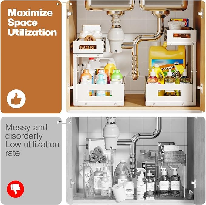1-Pack Under Sink Organizers and Storage,2-Tier L Shape Pull Out Cabinet Organizer With Round Tube Slide Rails,Hight Adjustable Slide Out Drawers for Kitchen&Bathroom,Multi-Purpose Storage Shelf-White