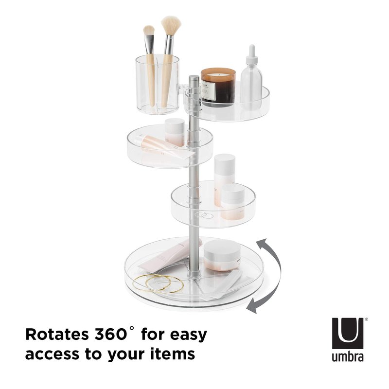 Umbra Pirouette Cosmetic Organizer, Large Capacity Makeup Storage with Adjustable Compartments, Clear/Nickel