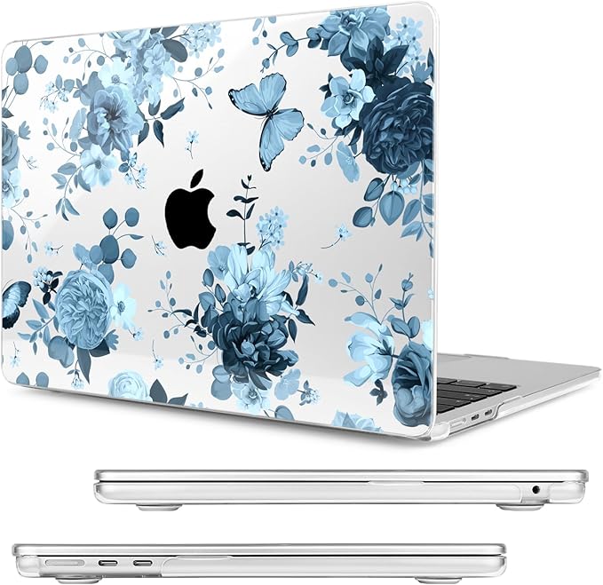 MecBevia Compatible with MacBook Air 13.6 inch Case, M4 A3240/M3 A3113/M2 A2681 (Released 2025 to 2022), Hard Shell, Keyboard Cover, Screen Protector, Webcam Cover & Type-C Adapter, Blue Flowers