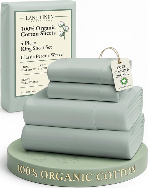 LANE LINEN 100% Organic Cotton King Sheets - Soft & Comfy Percale Bedding | 15" Deep Pocket, Eco-Friendly Cool Blue