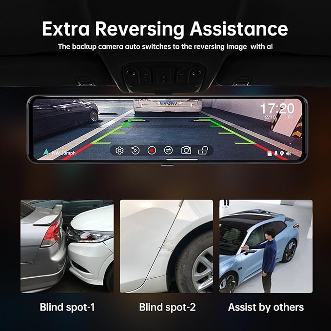 G850+ 12" 4K UHD Mirror Dash Cam Front and Rear with Zoom Backup Camera, 2160P Dual Rear View Mirror Camera for Cars & Trucks, 64GB Card Included, GPS, WDR, Night Vision, Parking Assist & G-Sensor