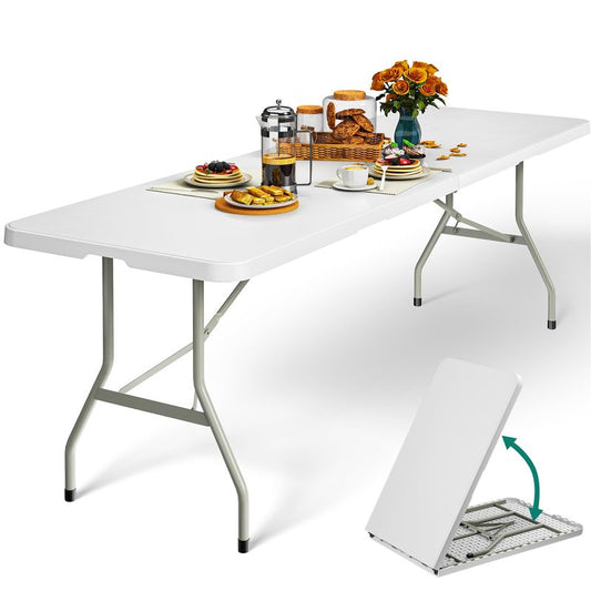 YITAHOME 8FT Folding Tables, Heavy Duty Folding Table with Carrying Handle, Plastic Fold up Table for Outdoor Camping Picnic Parties/Indoor Events, White