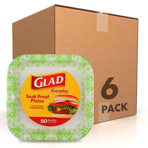 Glad Square Heavy Duty Paper Plates, Soak Proof and Cut Proof Disposable Plates for Parties and Everyday Meals, Microwaveable for Easy Serving, Green Victorian Pattern, 10 Inch, 50 Count - 6 Pack