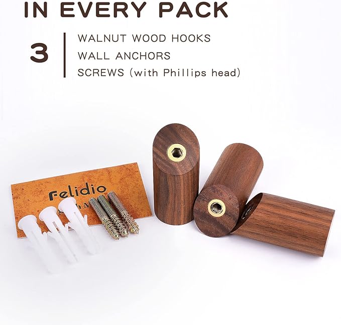 Felidio Wood Wall Hooks, 3 Pack Rustic Coat Hook Wall-Mounted, Decorative Hooks for Hanging Coats Hats Towels Robes Hat Rack for Wall (Walnut Wood)