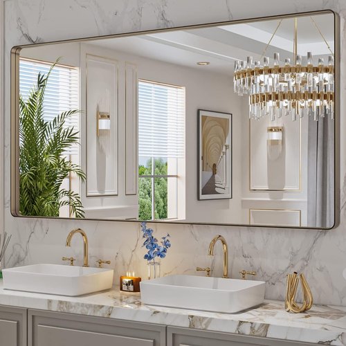 LOAAO Bronze Bathroom Mirror - 72”x36” Rounded Rectangle with Anti-Rust Metal Frame | Versatile Hanging Options