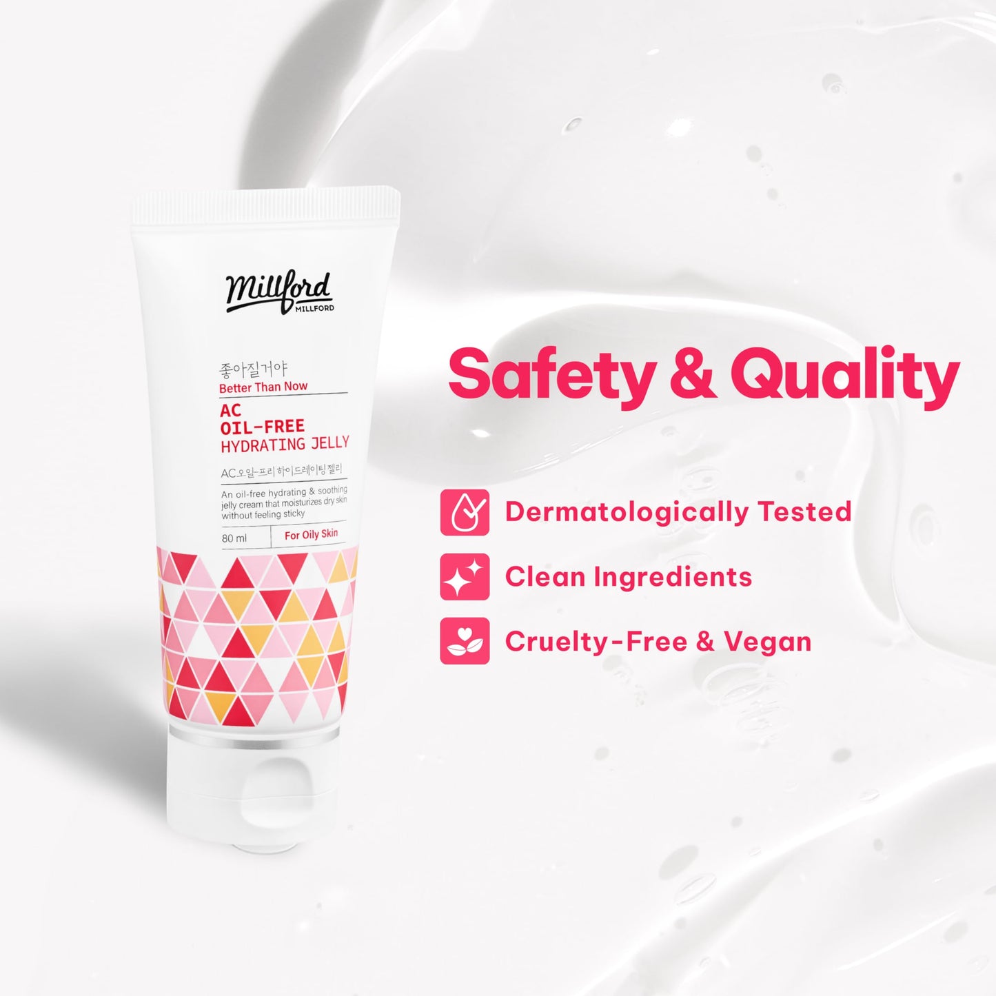 Millford AC Oil-Free Hydrating Jelly 2.7Oz, 80ml, Oil Free Facial Moisturizer for Acne-Prone Skin, Niacinamide 2%, Unscented, Mild, Soothing Cream, Non Greasy Moisturizer, Korean Skincare